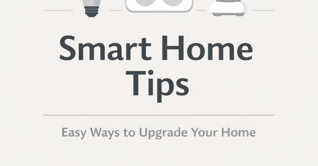 Minimalist graphic featuring three smart home icons — a smart light bulb, a smart plug with a Wi‑Fi symbol, camera