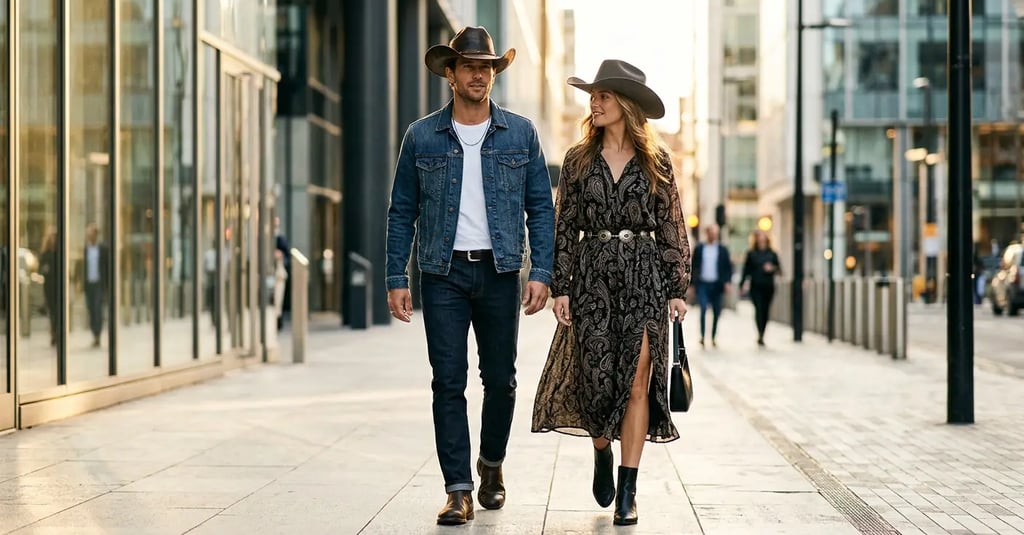 Homme et femme portant des chapeaux cowboy dans un style western moderne en ville.