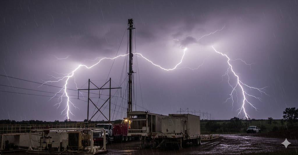 Dramatic lightning bolts striking near an industrial drilling rig and power lines during a night storm.