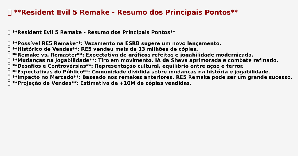 resumo dos principais pontos sobre Resident Evil 5 Remake, com dados sobre vendas, jogabilidade