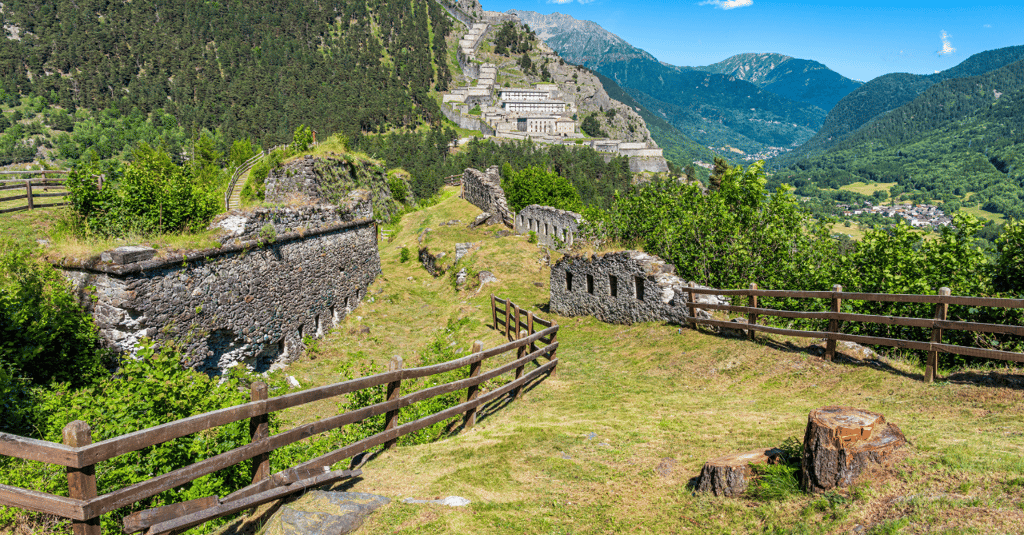 Panoramic view of Forte di Fenestrelle stretching along the mountain slope