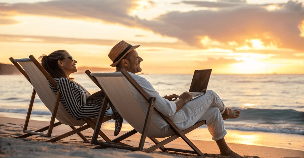 a man and woman sitting on a beach chair