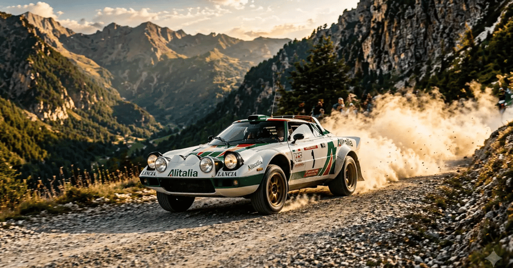 carros de rally Lancia Stratos em ação no WRC em estrada de montanha com poeira levantando