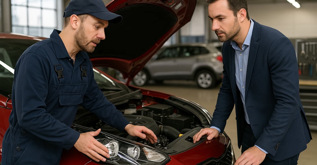 Mecânico explicando detalhes do motor a comprador durante inspeção de carro usado em oficina
