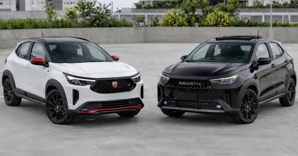 Pulse Abarth 2023 branco e Pulse Abarth 2026 preto lado a lado comparando design e diferenças visuai