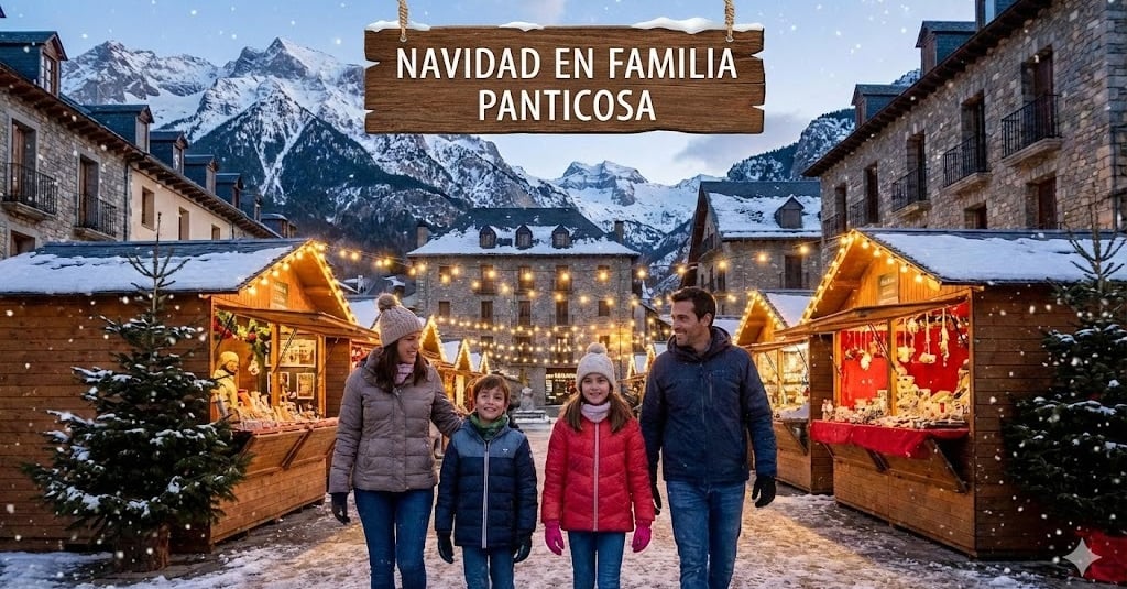 Navidad en Panticosa: familia disfrutando de la nieve y las luces festivas en Panticosa