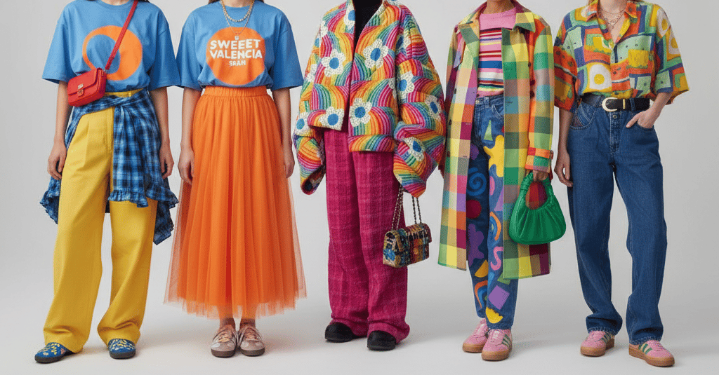 a group of people standing in front of a white wall wearing colorful whimsical cute fun outfit