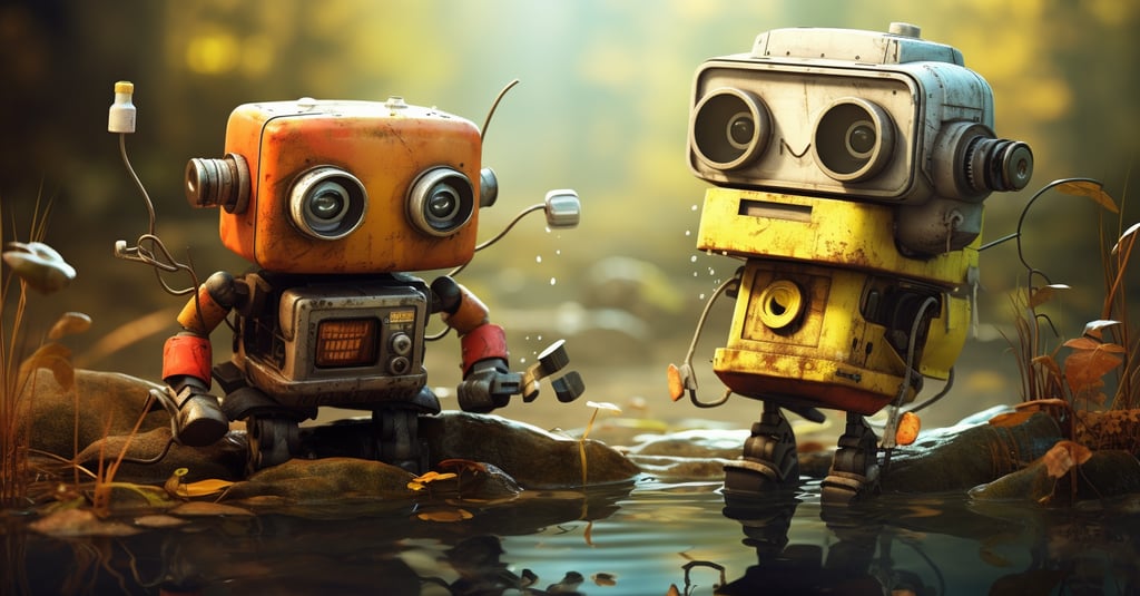 two robots are standing in the water