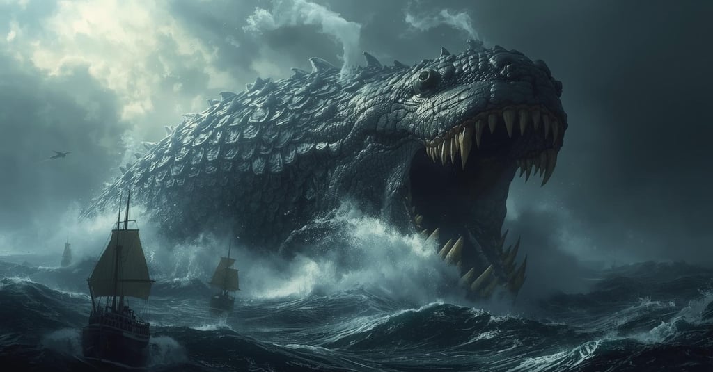 Leviatano ispirato alla descrizione biblica, squame spesse come armatura, fauci immense