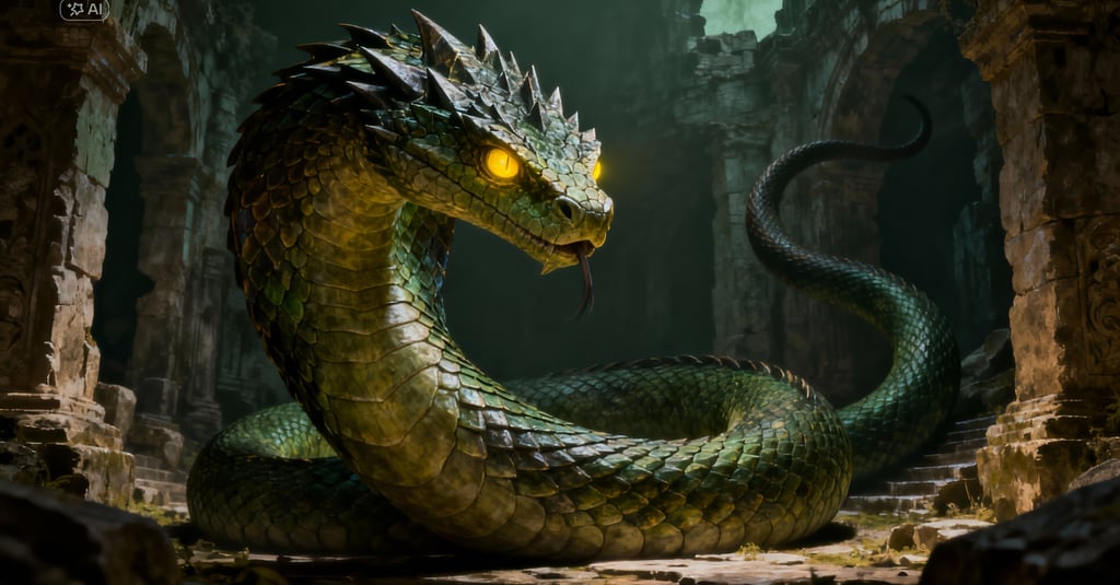 Immagine del basilisco, enorme mostro simile ad un serpente mitologico