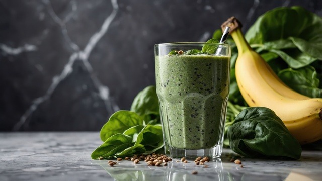 A glass of anti-inflammatory smoothie with blueberries, spinach, flaxseed, turmeric and ginger 