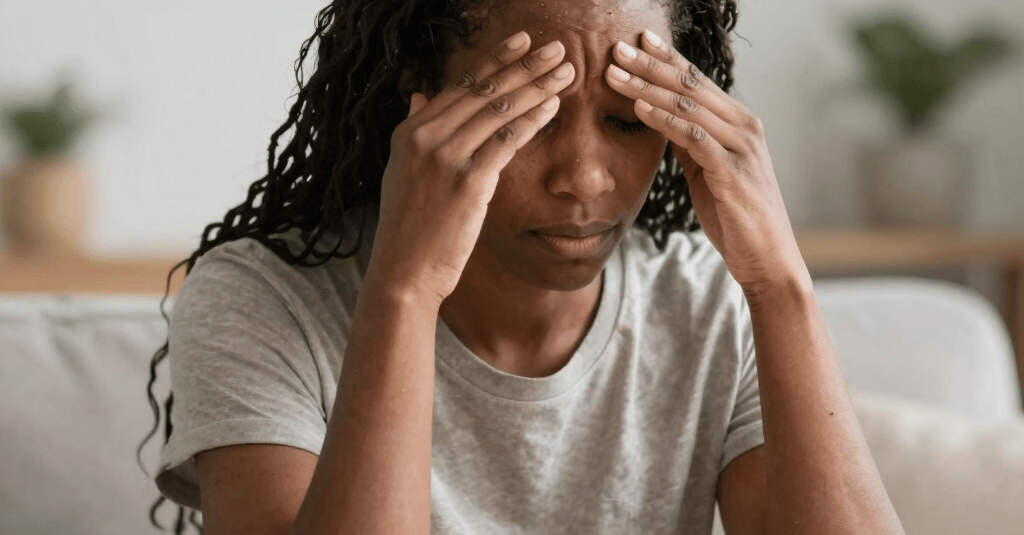 a woman holding her head in her hands