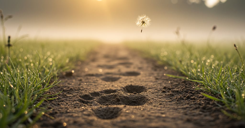 "Bare foot grounding into soil as a dandelion seed carries hope upward—symbolizing grief’s journey b