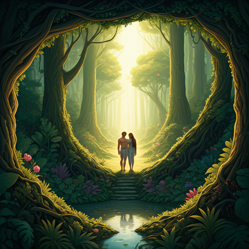 illustration of adam and eve standing in a forest with a waterfall