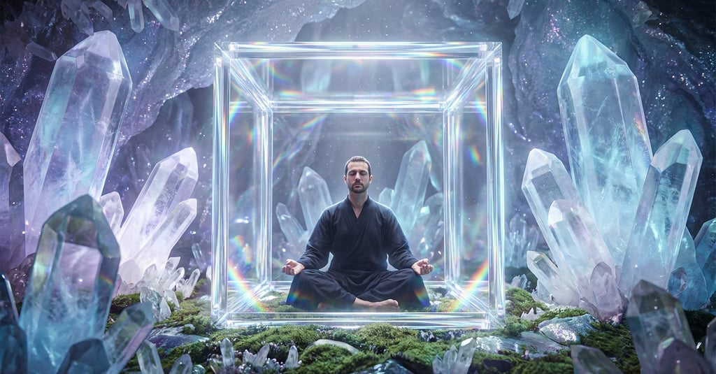 Homme qui médite dans un cube solides de platon