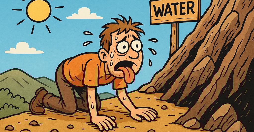 a cartoonish looking man with a sign that says water