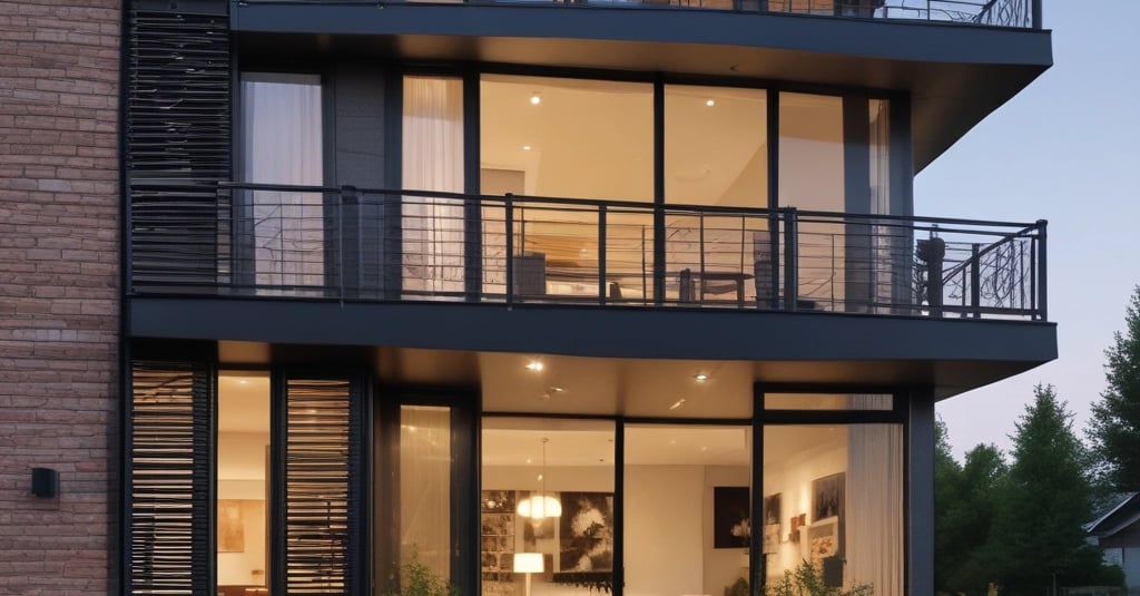 Sunflowers grow on a modern apartment balcony.