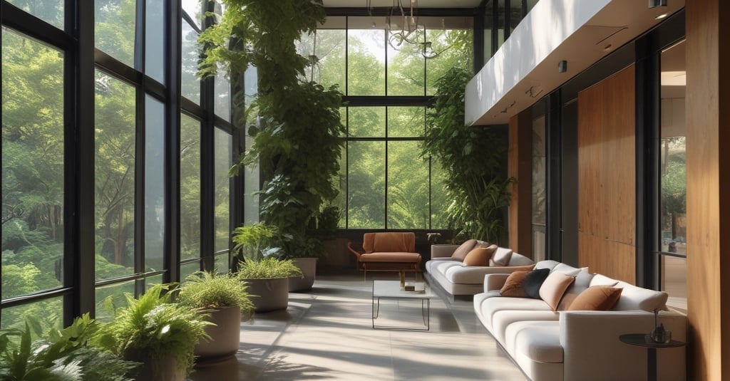 a room with a table, chairs, and potted trees