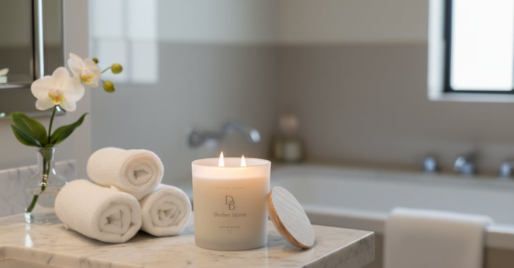Luxury white scented candle with two wicks on a marble bathroom vanity next to rolled towels and white orchids.