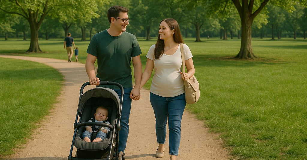 un couple qui marche dans un parc en promenant leur enfant dans une poussette