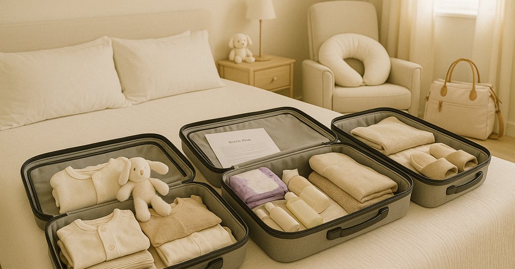 trois valises ouvertes sur un lit remplies de vètement et accessoires pour la maternité