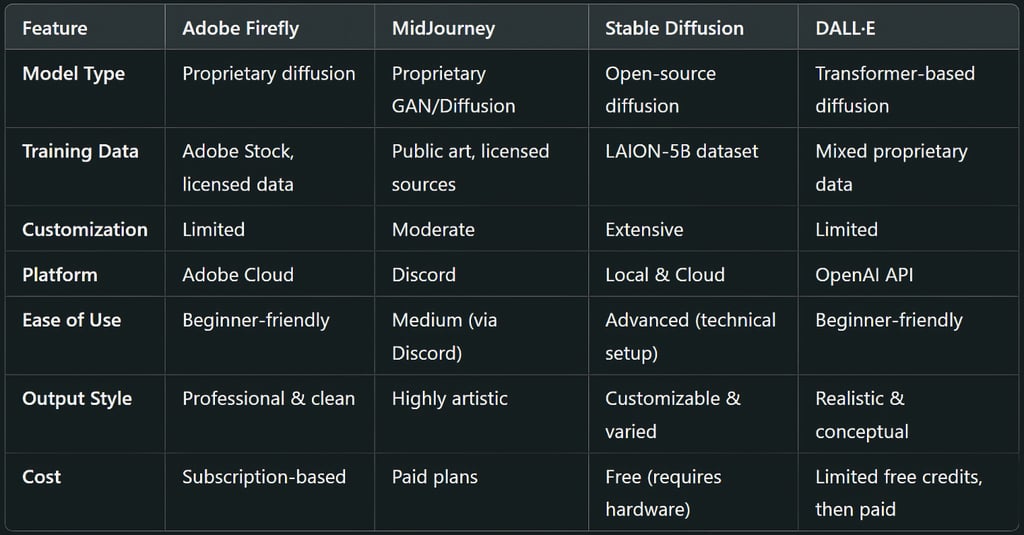 Adobe Firefly, MidJourney, Stable Diffusion, and DALL·E