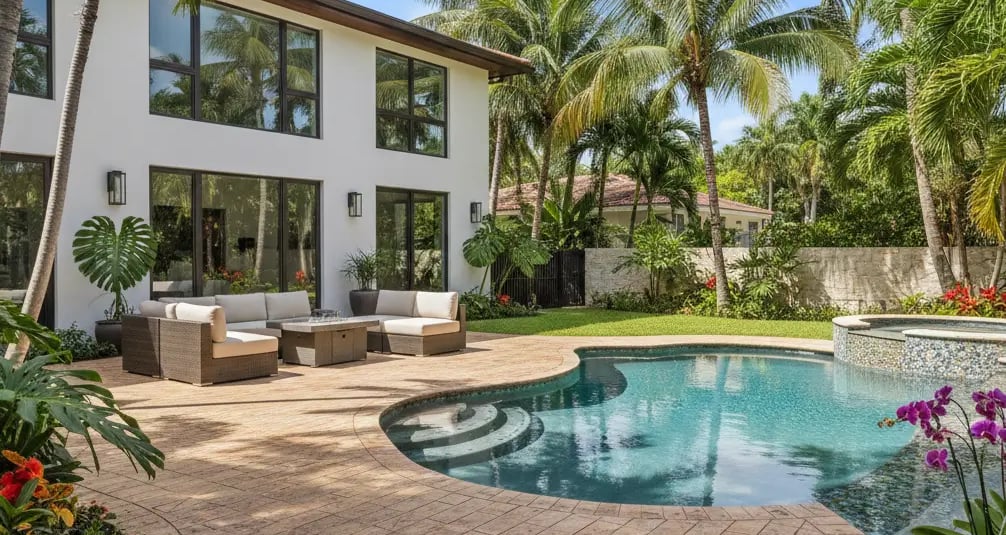 a modern Coral Gables, FL home with a decorative stamped concrete patio and pool
