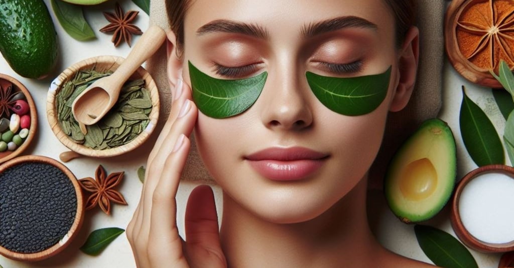 a woman with green leaves on her face