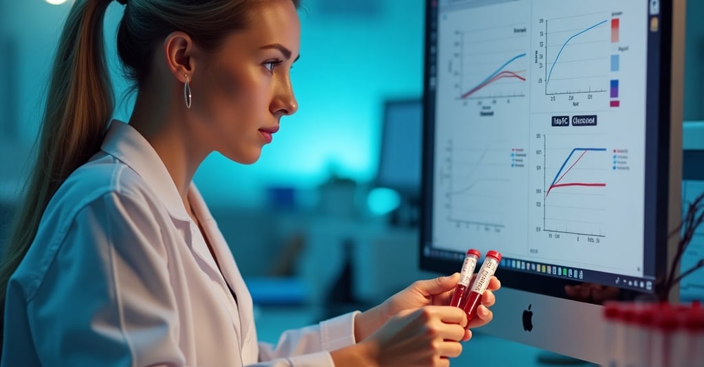 Biomédica analisando índices do hemograma