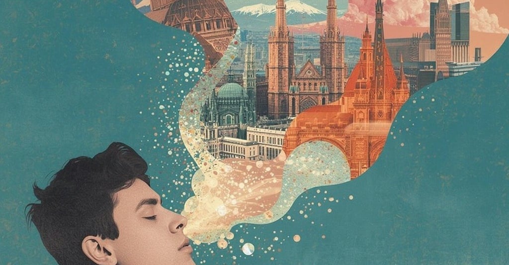 Rapaz sendo teletransportado pelo cheiro às suas viagens feitas na vida.