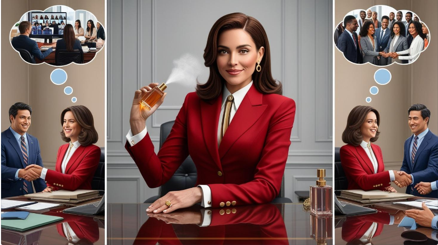 ilustração UIA mulher usando seu perfume em diferentes momentos de forma estratégica