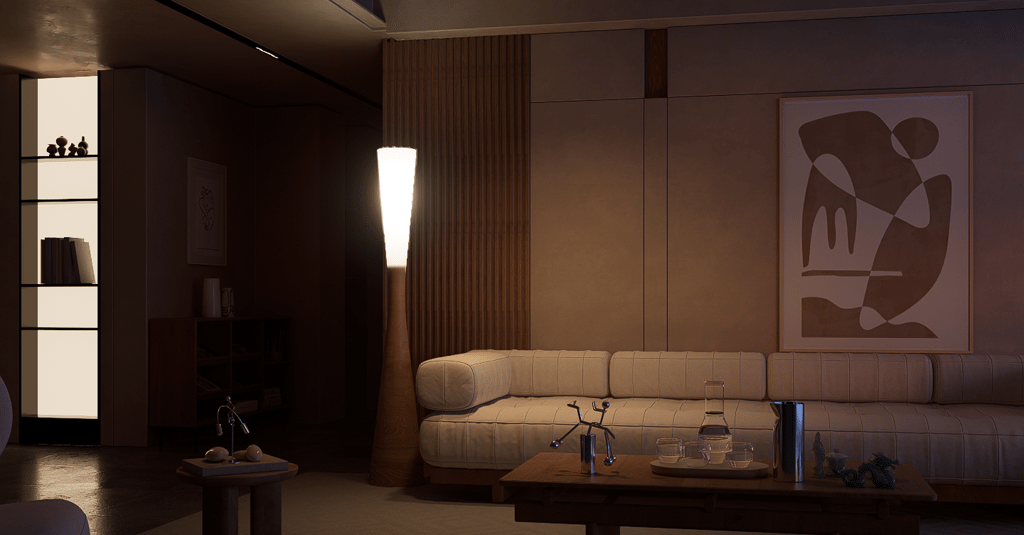 a living room with a couch and a table- 3D Rendering services