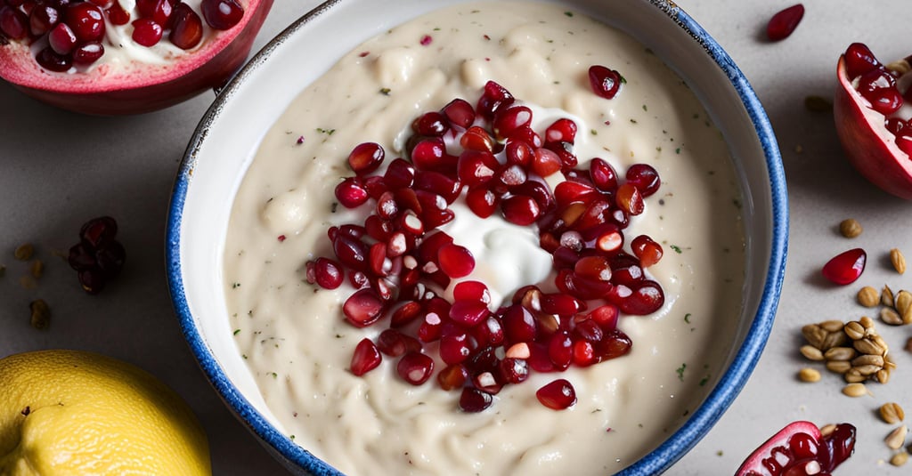 a bowl of mutabbal with pomegranate and yogurt