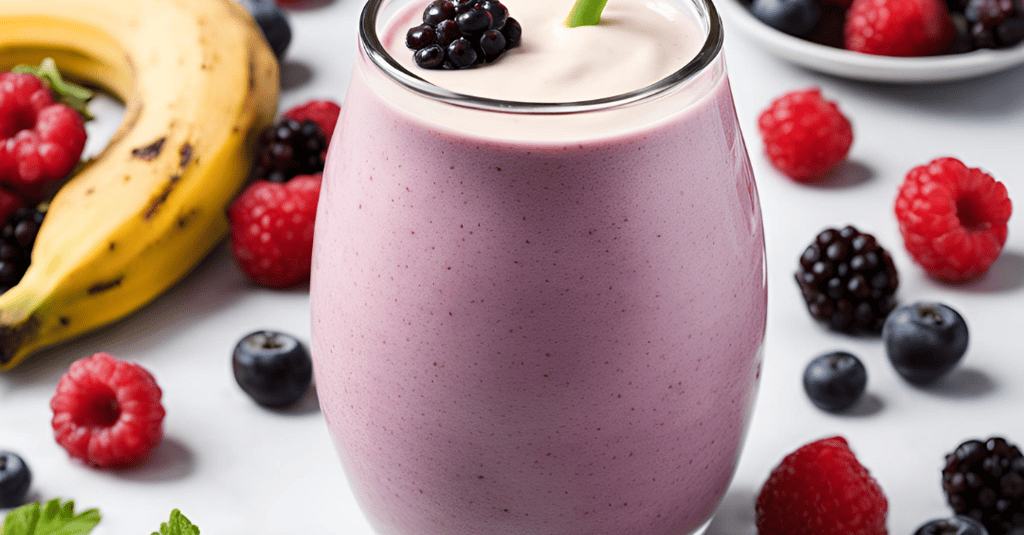 a smoothie with banana and berries and berries on a table