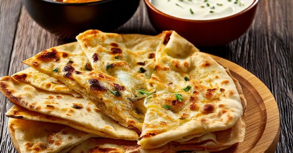 a plate of naan bread with a bowl of raita and chutney