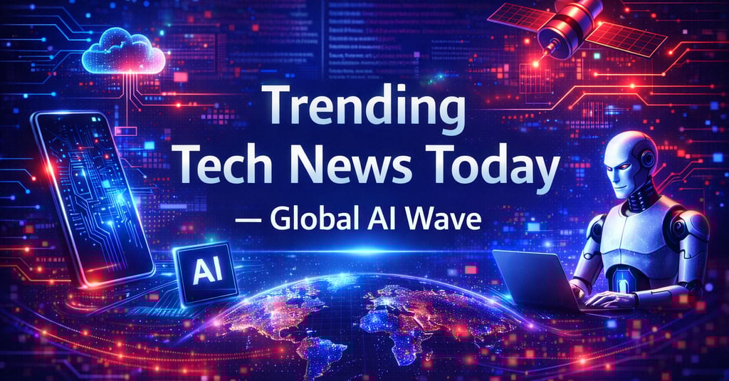 Trending Tech News Today — Global AI Wave banner featuring a futuristic digital world map glowing wi