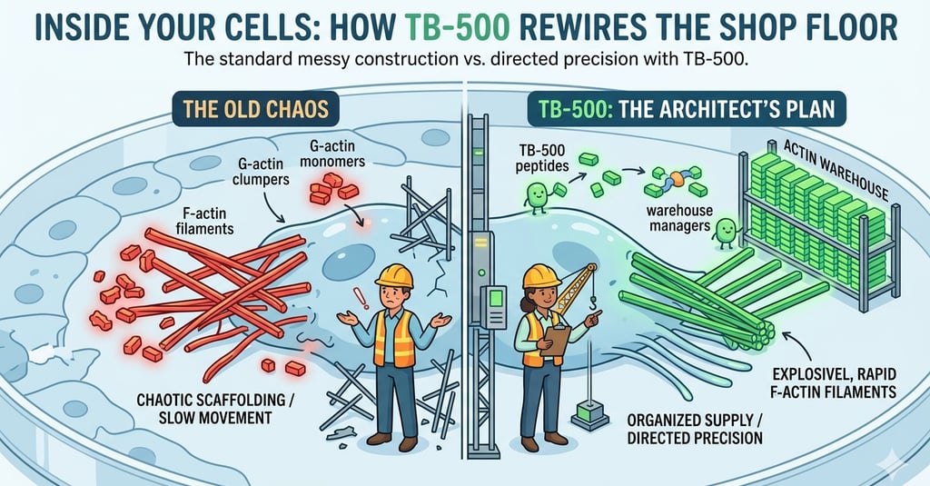 Diagram comparing chaotic G-actin monomers to organized TB-500 peptide directed F-actin filament repair.