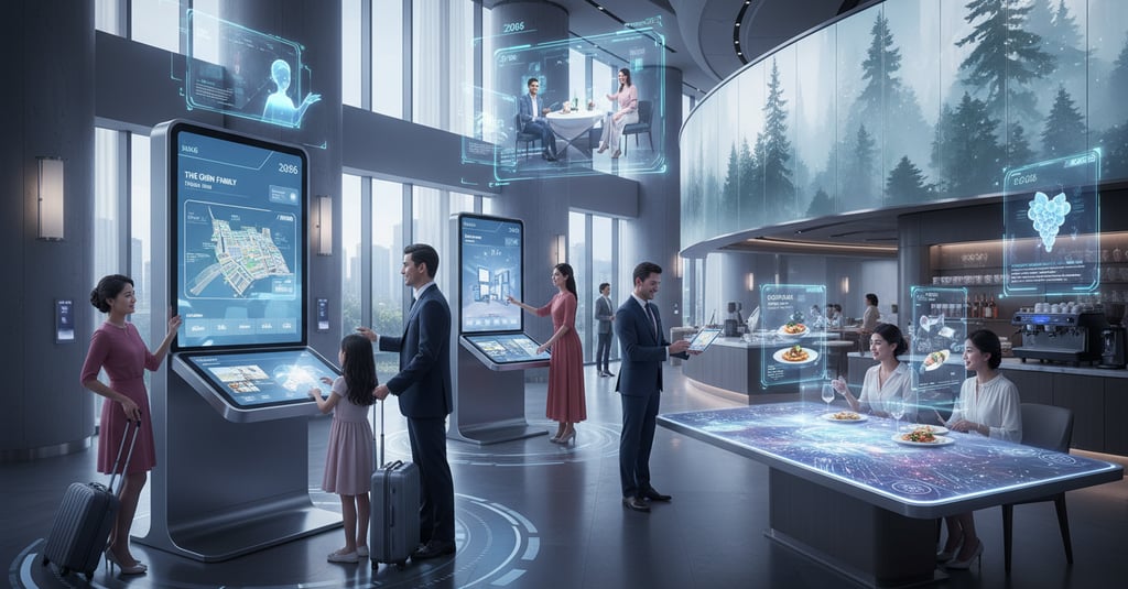 Futuristic hotel lobby featuring interactive digital kiosks and holographic displays for smart guest services.