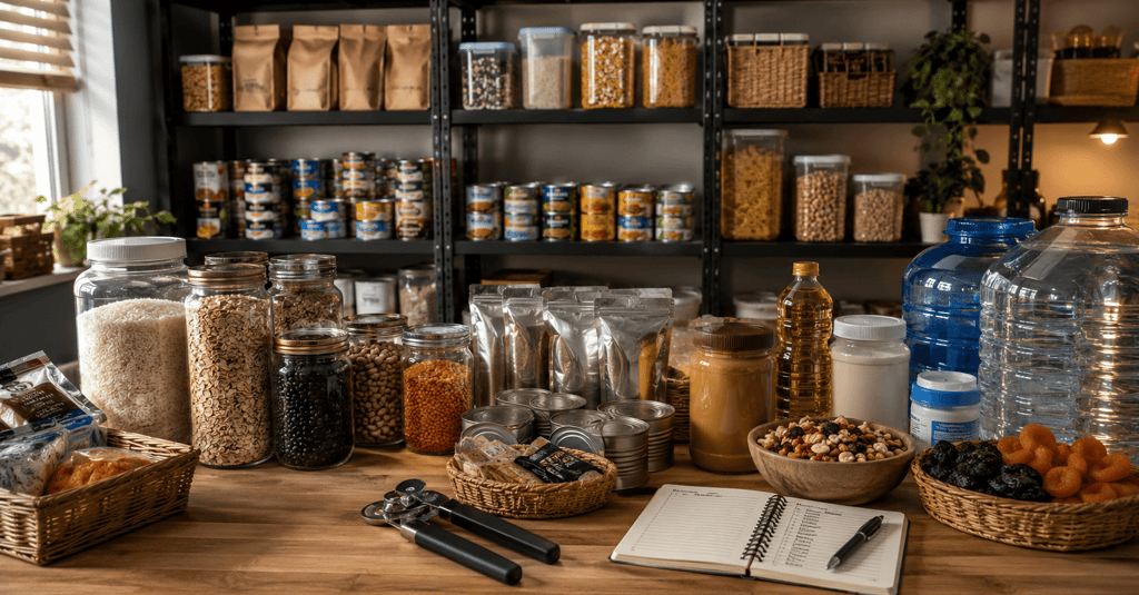 Organized emergency food supply with canned goods, dry grains, and water storage in a pantry.