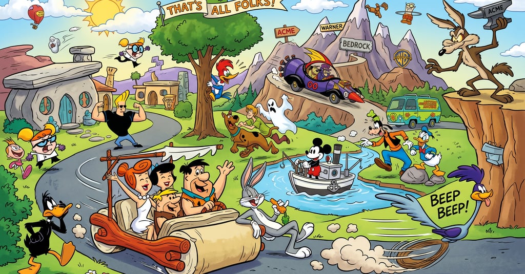 Uma paisagem colorida de desenho animado com personagens icônicos como Mickey Mouse, Pernalonga e Os