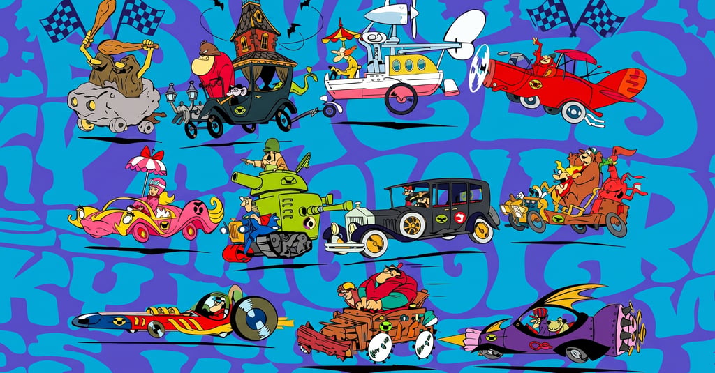 Personagens de Corrida Maluca e seus carros de desenho animado exclusivos competindo contra um fundo