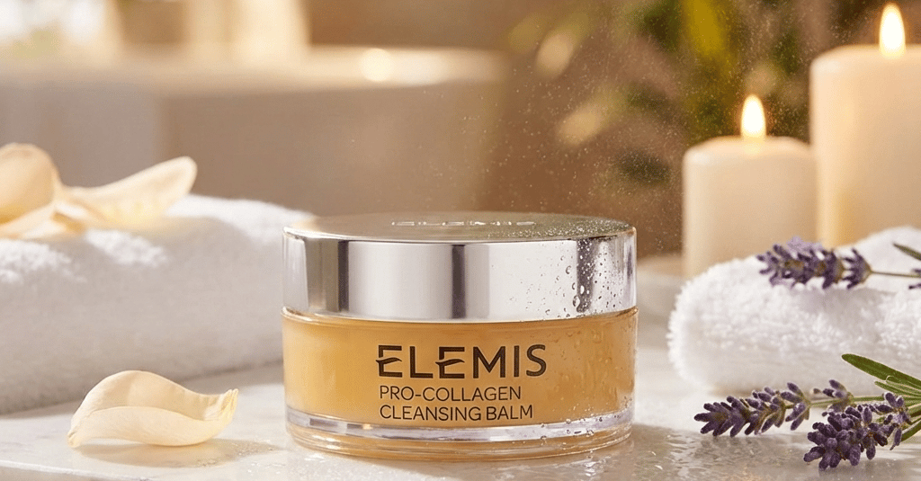 Elemis Pro-Collagen Cleansing Balm on marble with lavender and candles in a spa setting.