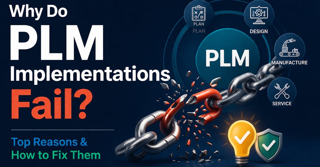 PLM implementation failure concept with broken chain and lifecycle stages.