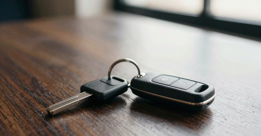 Close-up of car keys on a dark wooden table, soft natural light, warm professional atmosphere, shallow depth of field