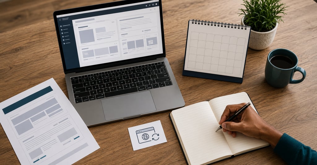 Website proposal, renewal calendar and laptop used to plan once-off and ongoing website costs.