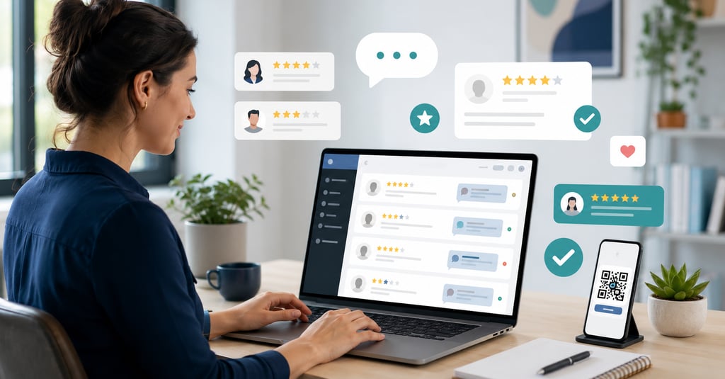 A businesswoman managing online customer reviews and five-star ratings on a laptop and smartphone.