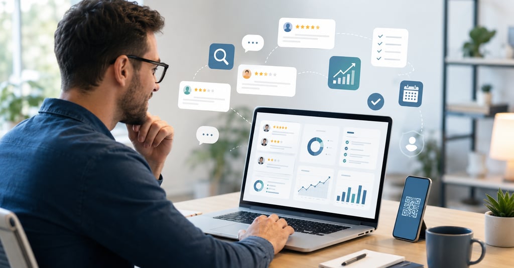 Professional using laptop software to manage online customer reviews and data analytics.