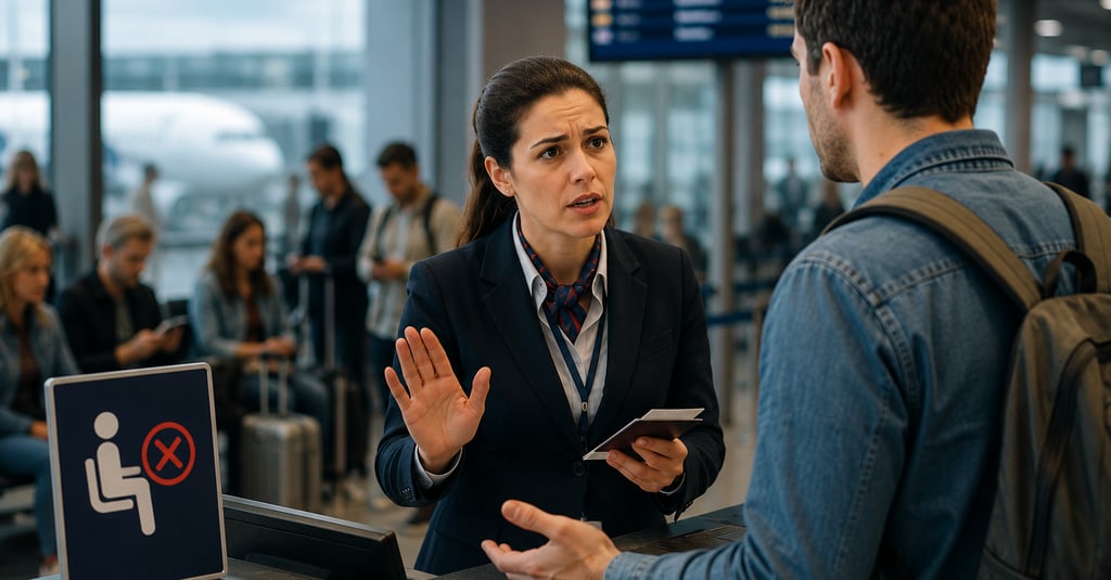 Passageiro frustrado no aeroporto sendo informado que não pode embarcar por overbooking