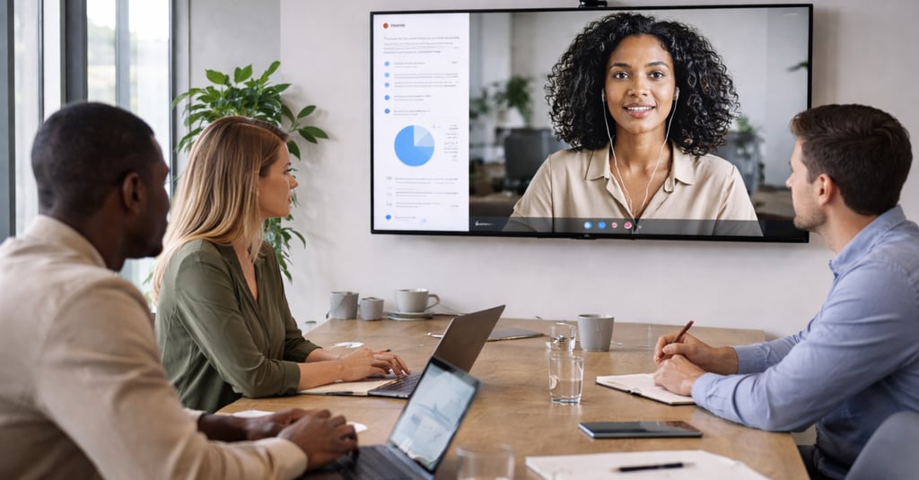 Professional team in a conference room attending a remote video meeting on a large wall display.
