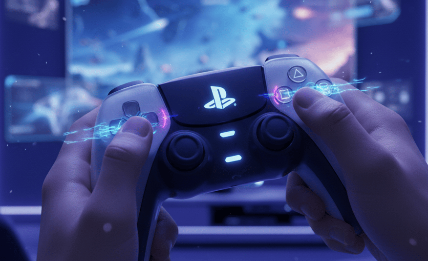 Controle do futuro PlayStation com foco em imersão e feedback háptico.